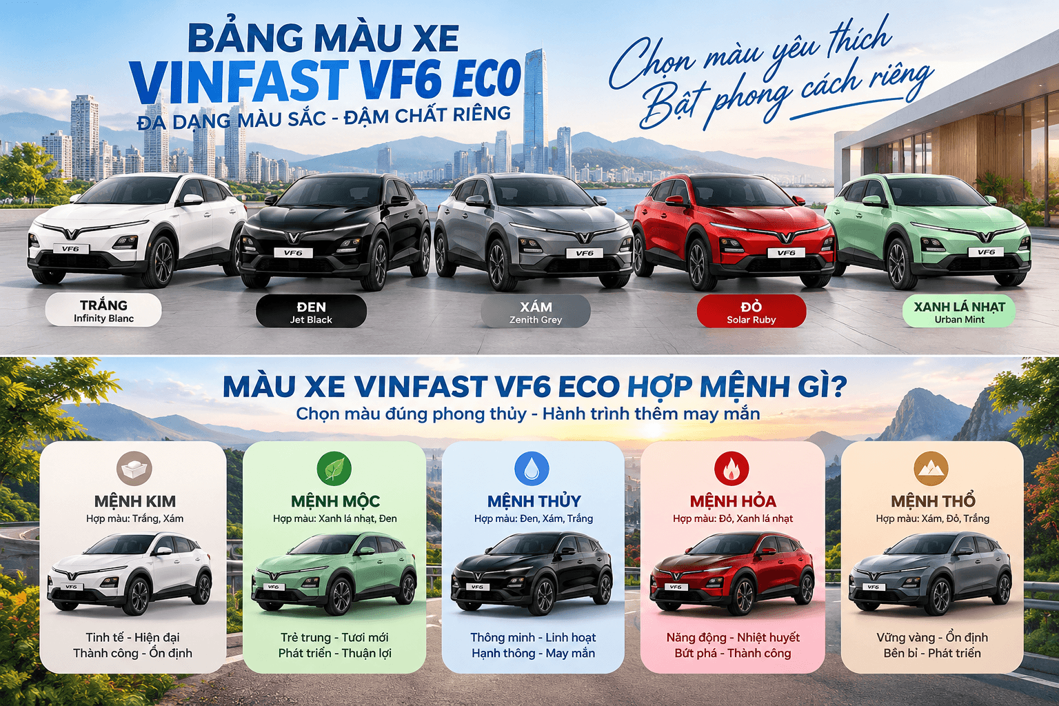 Bảng màu xe VinFast VF6 Eco: Chọn màu đẹp, hợp mệnh 28 Bảng màu xe VinFast VF6 Eco: Chọn màu đẹp, hợp mệnh Hình ảnh Infographic Màu Xe VinFast VF6 Eco